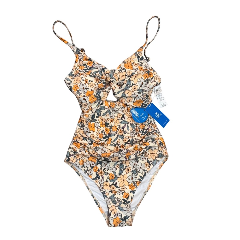 Cupshe One Piece Swimsuit Women XS Orange Floral Tummy Control NWT Cutout Twist